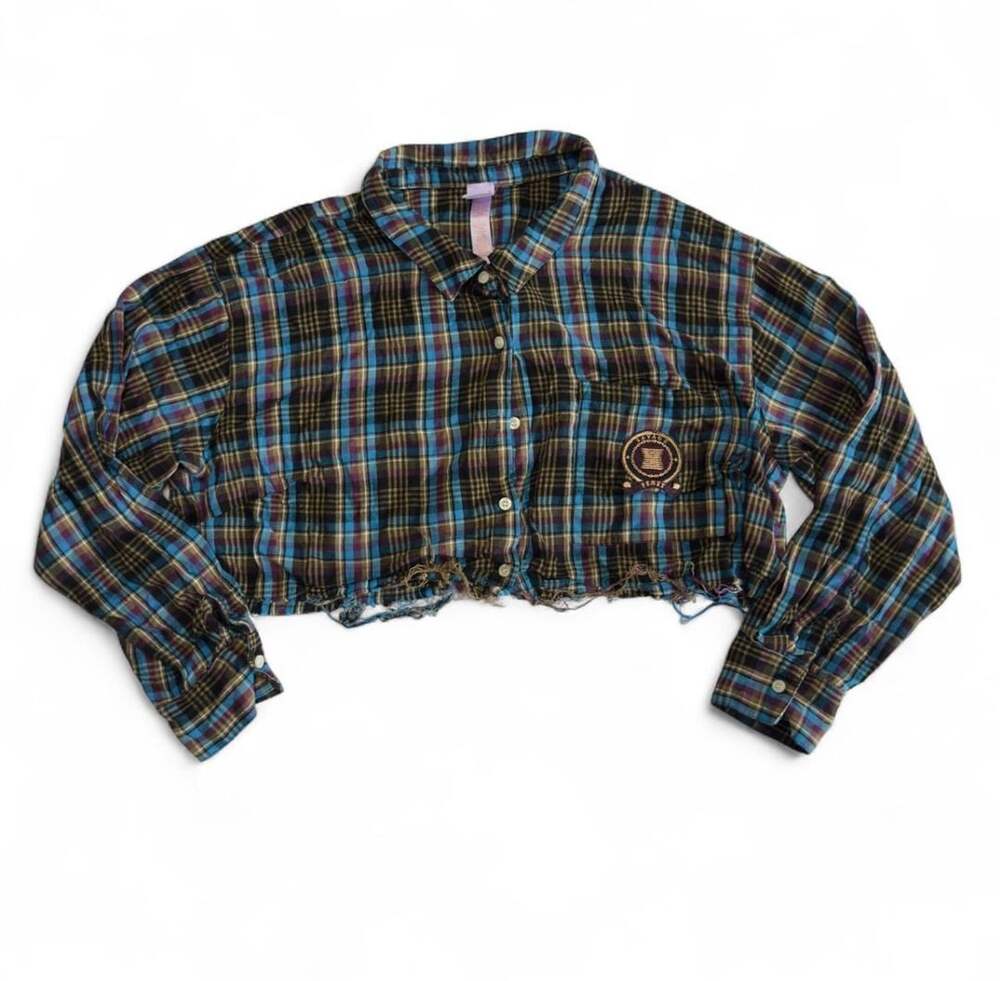 Savage X Fenty Plaid Crop Shirt Size 1X Blue Black Raw Hem Flannel